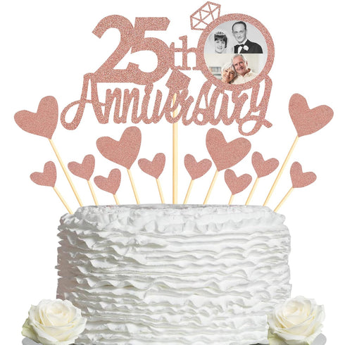 Sumerk 25th Anniversary Cake Topper, 13PCS Rose Gold Glitter Decorations Set for Wedding Celebration Party