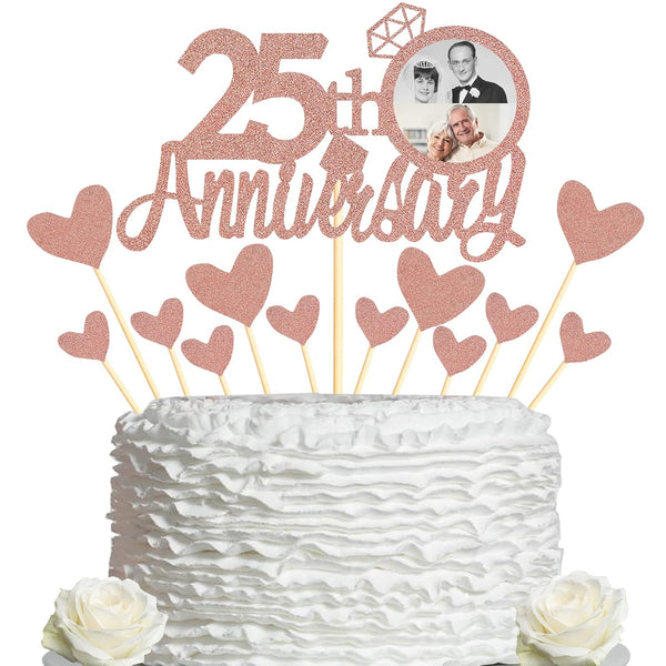 Sumerk 25th Anniversary Cake Topper, 13PCS Rose Gold Glitter Decorations Set for Wedding Celebration Party