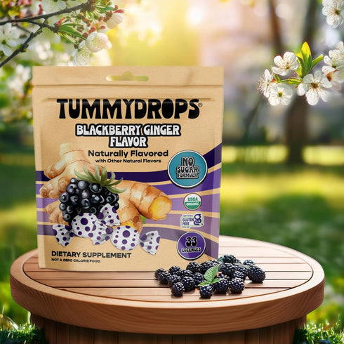 Tummydrops, 33 Lozenges No Sugar Sweet Blackberry Ginger Flavor, Gluten Free & Vegan, Individually Wrapped Organic