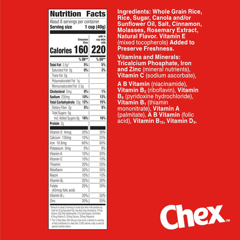 12 oz Cinnamon Chex Cereal, Gluten Free Breakfast Cereal, Made with Whole Grain