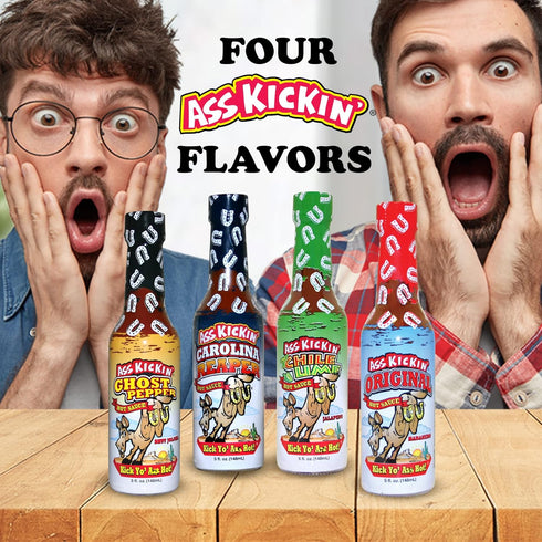 Set 4 Pack 4-5 oz ASS KICKIN' Hot Sauce Gift - - Premium Gourmet Hot Sauce for Chicken Wings and Breakfast