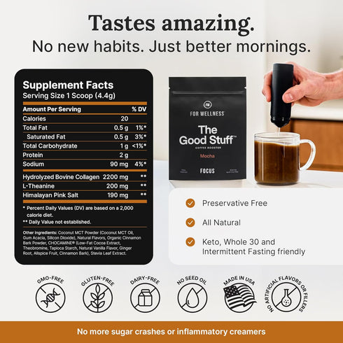 30 The Good Stuff | Mocha Coffee Booster | Healthy Coffee Creamer for Focus & Energy | Keto, Non-Dairy Creamer Powder