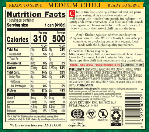 14.7 oz, Pack 6 Amy's, Chili, Gluten Free, Vegetarian, Organic, Medium Spice, Jalapeo Pepper
