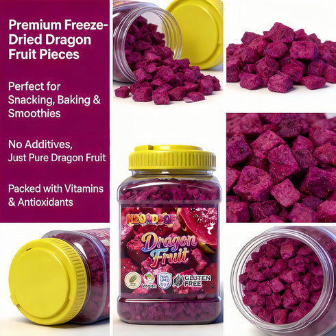 H2ONDBQF 9.5oz 1-Ingredient, Freeze Dried Dragon Fruit Cubes, Crispy & Light Red Pitaya Snacks, for Smoothie Bowls