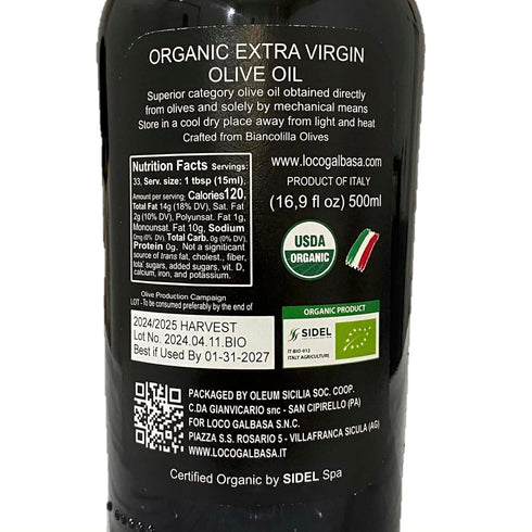 Galbasa 16.9 oz - Organic Olive Oil from Sicily, Italy - Extra Virgin, First Cold Pressed, Early Harvest - Polyphenol