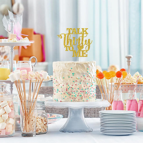Talk Thirty to Me Cake Topper, Gold Glitter Dirty 30 for 30th Birthday, Wedding Anniversary Party Supplies
