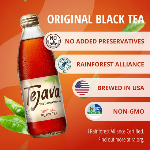 24 Pack, 12oz Tejava Original Unsweetened Black Iced Tea, Glass Bottles, Non-GMO, Kosher, No Sugar or Sweeteners, No