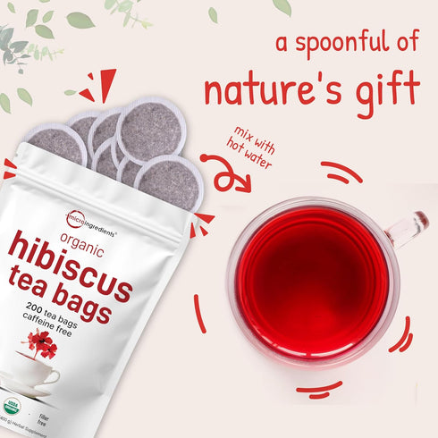 200 Count Organic Hibiscus Tea Bags, | Premium Source from Hibiscus Flowers | Caffeine Free Herbal Tea | Eco-Friendly