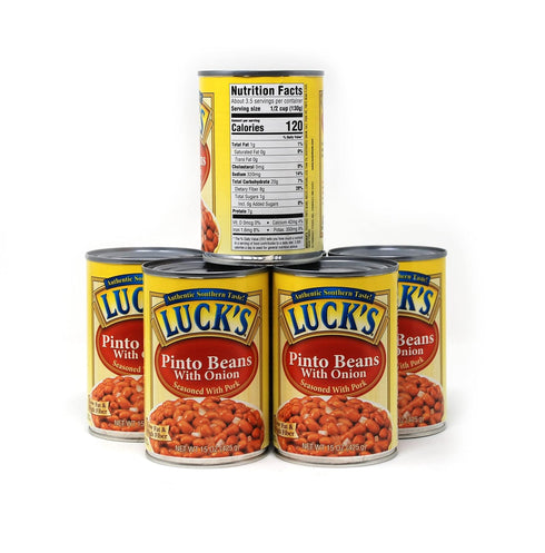 JFS 6-15 Lucks Pinto Beans with Onions, ounce cans full of Plant Protein bundled with Recipe Card