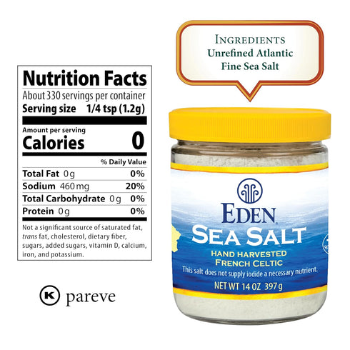 14 oz Eden Sea Salt, Hand Harvested French Celtic, Stone Ground (Fine), Trace Minerals, Unrefined, Glass Jar