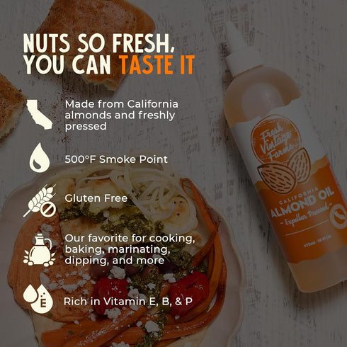 16oz, Pack 1 Fresh Vintage Farms Almond Oil | Expeller-Pressed California Almond Oil | & Versatile Cooking Oil