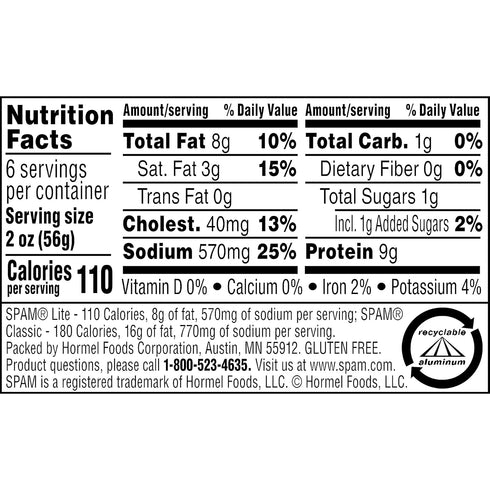 12 oz (12 Pack) SPAM Lite, SPAM Canned Meat, Can