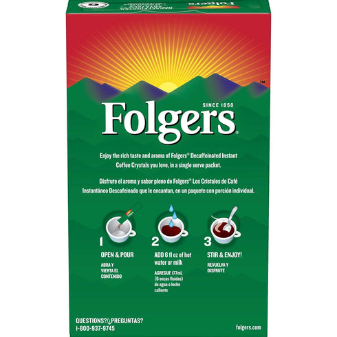 6 Packets (Pack 12) Folgers Classic Decaf Decaffeinated Instant Coffee Crystals, Single Serve