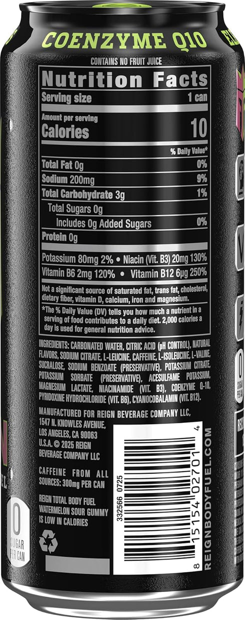 Gummy, 16 Oz (Pack 12) Reign Total Body Fuel, Watermelon Sour Fitness & Performance Drink, Fl