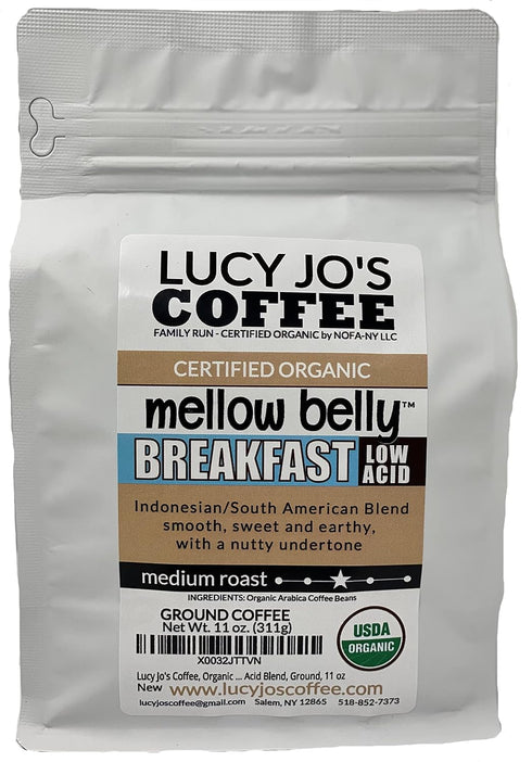 Lucy Jo's Coffee, Organic Mellow Belly Breakfast Low Acid Blend, Medium Roast,