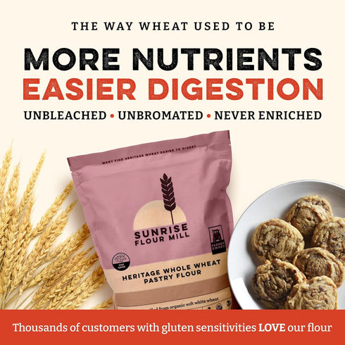 2 lbs Sunrise Flour Mill USDA Organic Heritage Whole Wheat Pastry Flour - | Great for Gluten Sensitive People | Easier