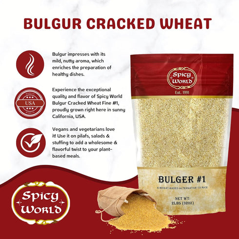 Spicy World #1, 2 LB (32oz) 100% Bulgur Cracked Wheat Fine Bag | USA Grown Bulgar Wheat for Tabouleh | Natural & Pure |