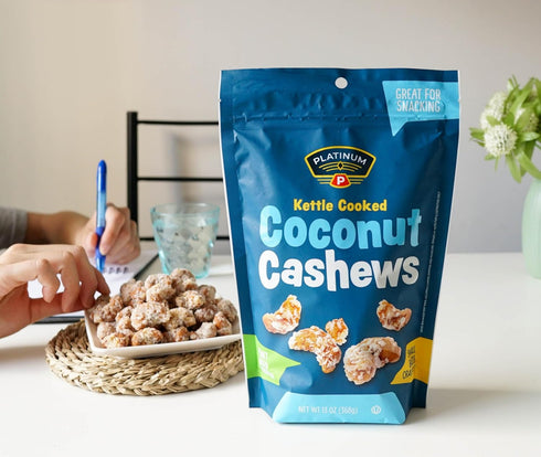 Platinum 13 oz Kettle Cooked Coconut Cashews - Plant Based Protein, Fiber, Healthy Snack - Wholesome Nutritional Boost