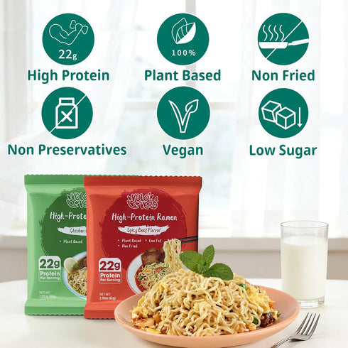 22g 8-Pack VOLO VERO High Protein Ramen Noodles, Plant-Based Protein Noodle Variety - Chicken & Spicy Beef Flavor