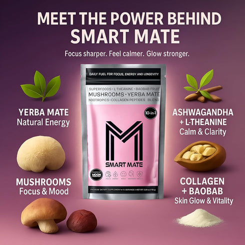 10-in-1 150g SMART MATE Adaptogenic Yerba Mate Coffee Alternative Nootropic Drink Mix with Ashwagandha, Collagen