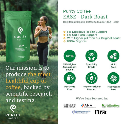 (12oz Purity Coffee EASE Low Acid Dark Roast Whole Bean Bag) | Specialty-Grade USDA Organic Arabica Blend | Third Party