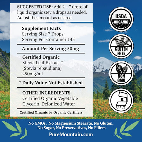 Pure Mountain Botanicals Organic Liquid Stevia Sweetener – Alcohol Free, Kosher Sugar Substitute Stevia Drops - 1oz