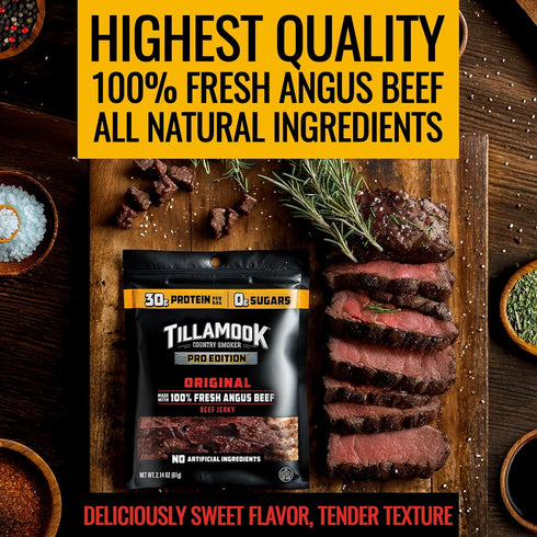 Country 2.14 Oz, Tillamook Beef Jerky, Smoker PRO Edition, Zero Sugar, Original, Real Hardwood Smoked Fresh Angus Beef