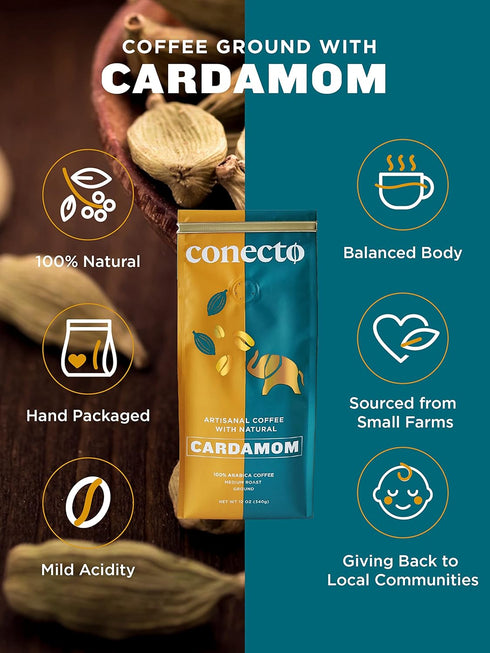 100% 12oz) Conecto Cardamom Coffee: Natural and Artisanal, Guatemalan Arabica Ground Coffee Flavored with Clay Pot