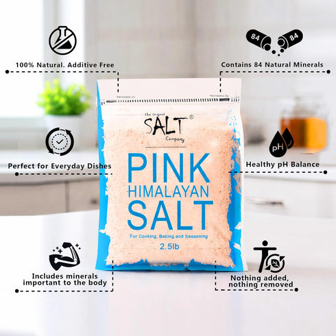 100% (2.5 Lb The Original Salt Company Pink Himalayan Salt, organic, kosher, fine grain, and gluten-free. Perfect