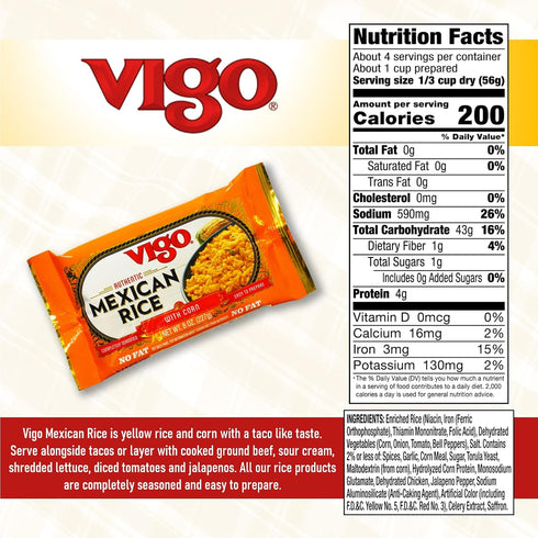 Vigo Authentic Mexican Rice with Corn - No Fat, 8oz (Mexican, 8 Ounce)