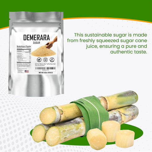 4 lbs. Bulk Demerara Sugar Pure Unrefined Brown Crystals for Baking and Cooking. Value Size Bag.