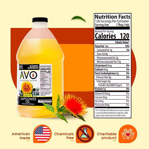 64 Fl-oz 465F AVO Organic Safflower Oil for Cooking, Frying, Baking, Salads, Vinaigrette, Marinades. General Cooking