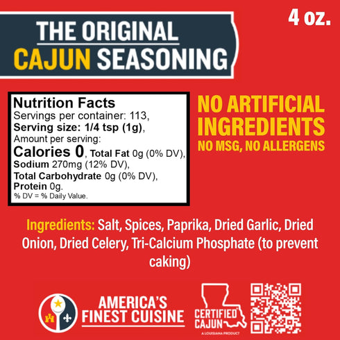 4 oz, Original Cajun Seasoning - No MSG, All Natural - Authentic Louisiana Spice for Grilling and Cooking Fish