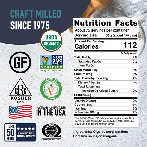 5 Lb Great River Milling Organic Sorghum Flour | Gluten Free Whole Grain Flour | USDA Organic, Non-GMO, Kosher, Vegan