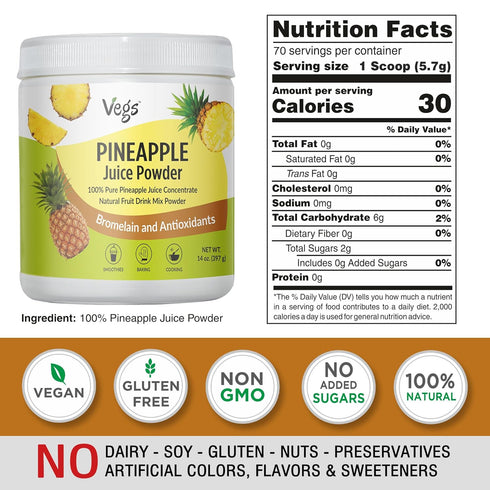 14 Oz Vegs Pineapple Juice Powder - Freeze Dried Organic Pineapple Powder with Bromelain & Antioxidants - Sugar-Free