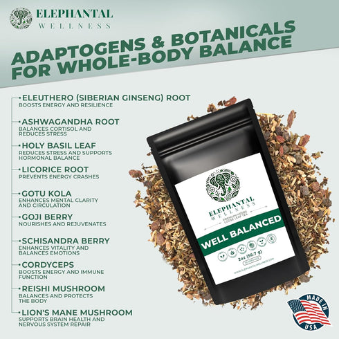 Elephantal Wellness 4 oz Premium Well Balanced Herbal Tea | Healthy Cortisol, Adaptogenic Stress Energy Support