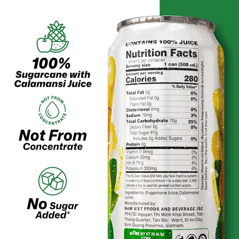 100% 16.9 oz (500 mL) Pack 6 VINUT Sugarcane with Calamansi Juice, No Added Sugar, Not From Concentrate, fl Can