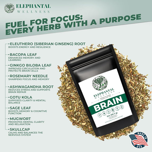 Elephantal Wellness 2oz 20 Premium Brain Herbal Tea | Nootropic Focus & Mental Clarity with Ginkgo, Bacopa, Gotu Kola