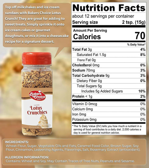 Baker's Choice Lotus Crunch Topping - 6.5 Oz. Dairy Free, Kosher Crunchy Sprinkles for Ice Cream Sundae