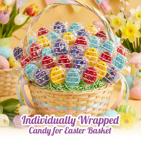 24 Count, Easter Eggs Lollipops with Natural Colors Individually Wrapped Candy Pops, Egg Shaped Lollipops For Baskets
