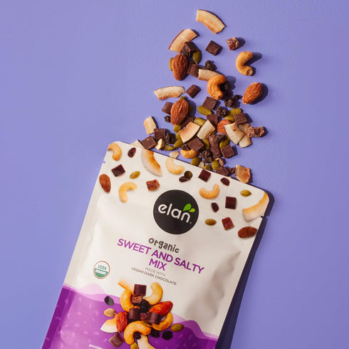 8 pack 5.3 oz Elan Organic Sweet & Salty Mix, Non-GMO, Gluten-Free, Vegan, Kosher, Vegan Dark Chocolate, Dried Fruits