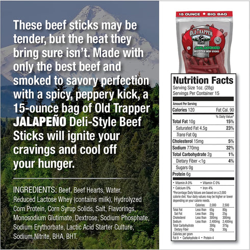 15-Ounce Package, (Pack Old Trapper Deli-Style Beef Sticks, Jalapeo Flavor, Spicy Beef Sticks, Six Grams of Protein