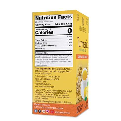 25 Hyleys Ginger Turmeric Tea Lemon Flavor - Tea Bags - Wellness Herbal Supplement Green Tea