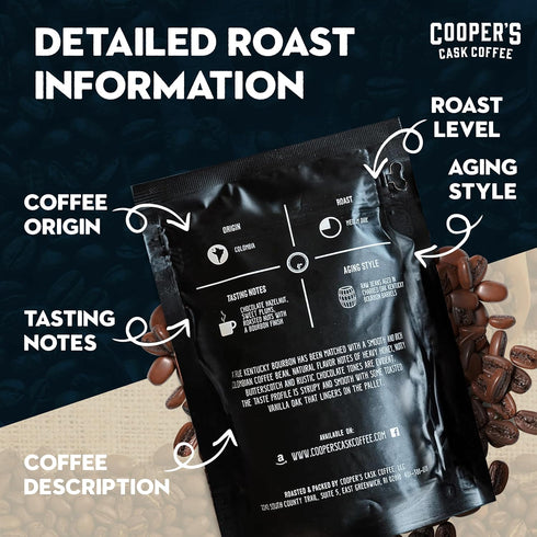Set 4-Bag 4 (Pack 4)) Bourbon & Whiskey Barrel Aged Coffee Box - Roasted Coffee Sampler - Bourbon Colombian, Malt