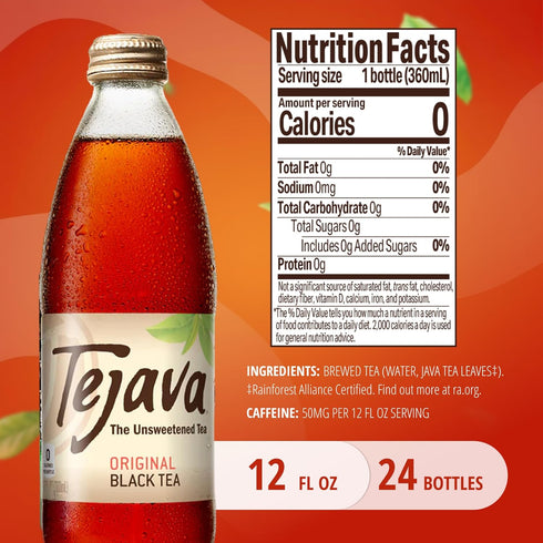 24 Pack, 12oz Tejava Original Unsweetened Black Iced Tea, Glass Bottles, Non-GMO, Kosher, No Sugar or Sweeteners, No
