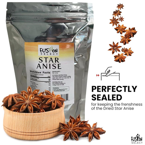 Packed 22 4 oz. Fusion Select Dried Star Anise - Whole Badian Spice for Oriental & Indian Dishes & Recipes - Natural