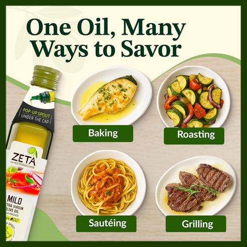 Zeta 8.5 oz (3 Pack) Extra Virgin Olive Oil, fl | Premium Glass Bottle with Pop-Up Spout | Cold-Pressed | Product