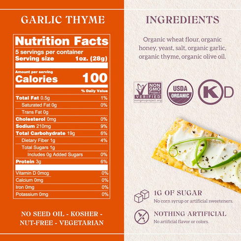 Firehook Garlic Thyme Crackers – Artisan Baked, Crunchy, Organic, Non-GMO, Kosher – 5.5 oz Box