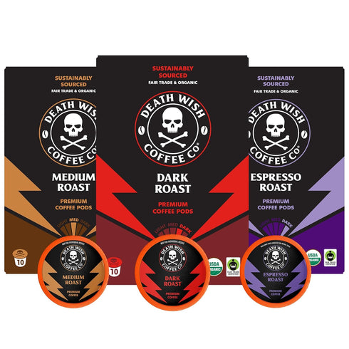 Death Wish Coffee, Single Serve Coffee - 10 Each of Medium, Dark,