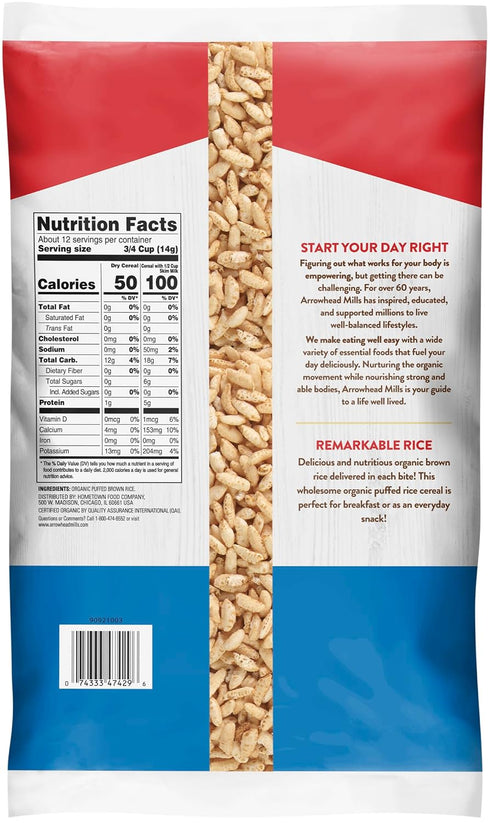 6 oz Arrowhead Mills, Organic, Non-GMO Cereal, Puffed Rice & Puffed Corn Cereal, Bag
